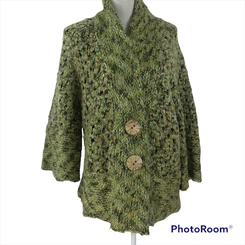 PBJ Sport Vintage Green/Brown/Tan Chunky Knit Oversize Sweater Wood Buttons XL